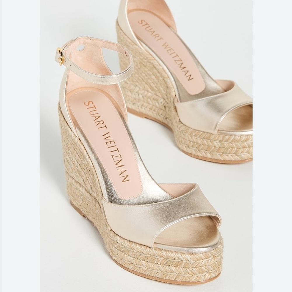 Stuart Weitzman Nudist Curve Espadrille Wedges in Gold Size 10 NWOT